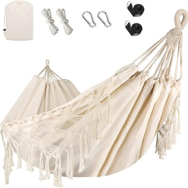 Bellzacasa Double Hammock, Heavy Duty 500 lb Load Capacity Tassels and Fishtail Knitting with Mounting Straps for Outdoor Camping Patio Balcony Beige