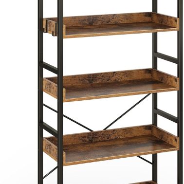 Rolanstar Bookshelf 5 Tier with 4 Hooks, Industrial Wood Bookcase, Vintage Storage Rack with Open Shelves, Rustic Standing Bookshelves Display Rack for Living Room, Bedroom, Rustic Brown