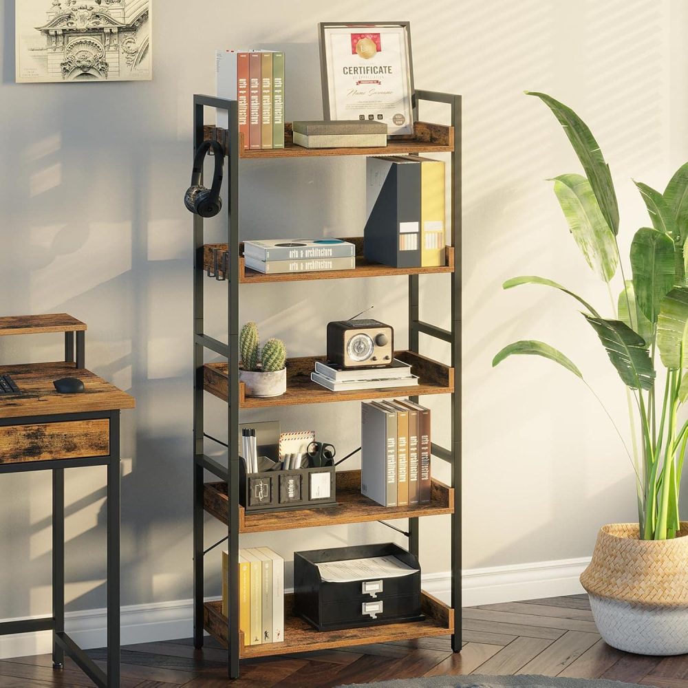 Rolanstar Bookshelf 5 Tier with 4 Hooks, Industrial Wood Bookcase, Vintage Storage Rack with Open Shelves, Rustic Standing Bookshelves Display Rack for Living Room, Bedroom, Rustic Brown - Image 2