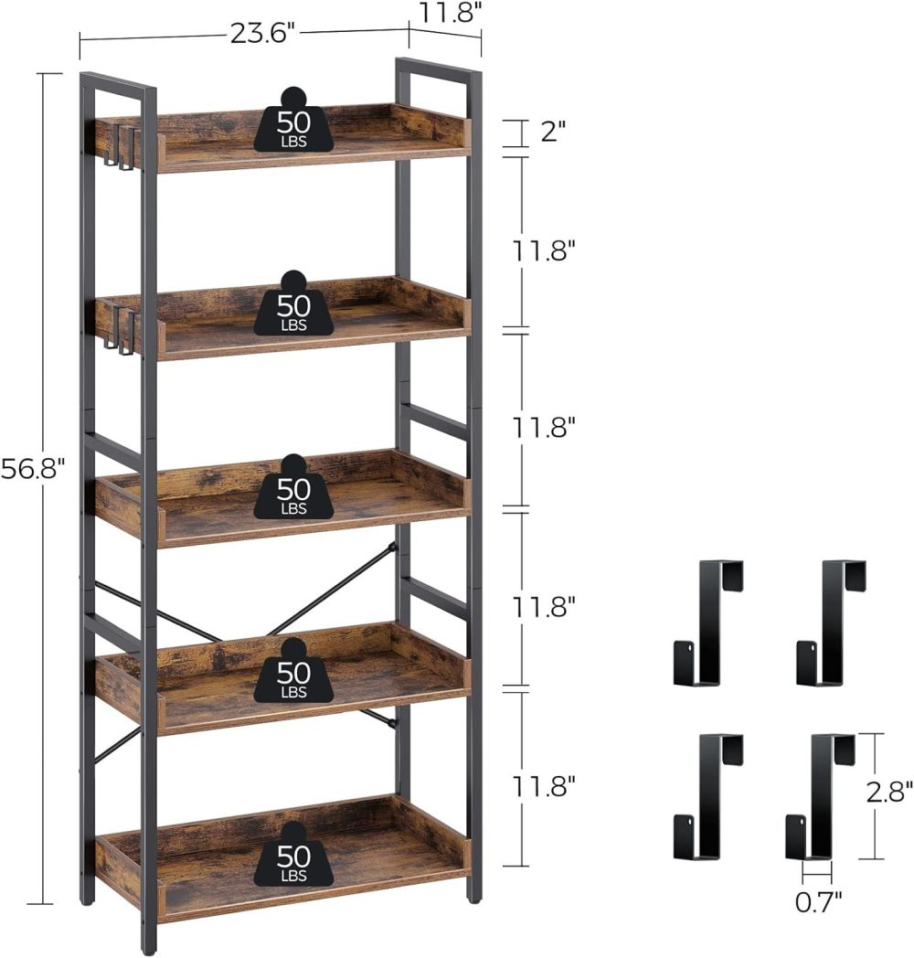 Rolanstar Bookshelf 5 Tier with 4 Hooks, Industrial Wood Bookcase, Vintage Storage Rack with Open Shelves, Rustic Standing Bookshelves Display Rack for Living Room, Bedroom, Rustic Brown - Image 3