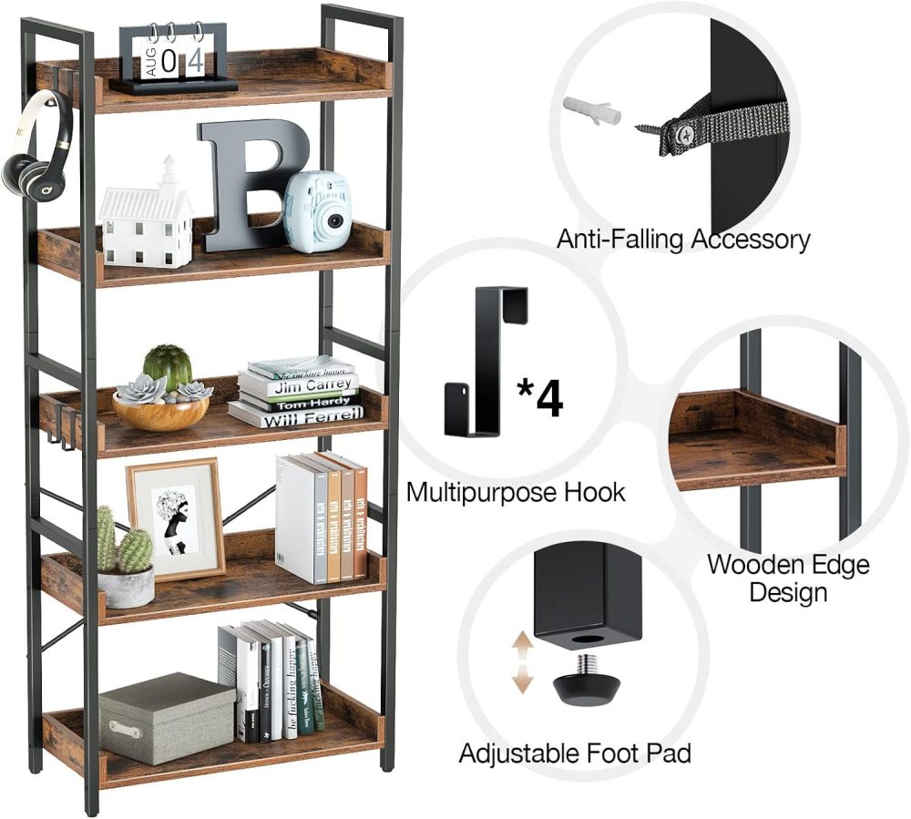 Rolanstar Bookshelf 5 Tier with 4 Hooks, Industrial Wood Bookcase, Vintage Storage Rack with Open Shelves, Rustic Standing Bookshelves Display Rack for Living Room, Bedroom, Rustic Brown - Image 4