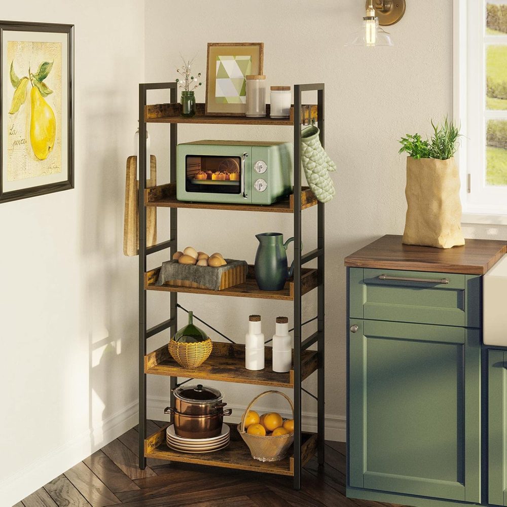 Rolanstar Bookshelf 5 Tier with 4 Hooks, Industrial Wood Bookcase, Vintage Storage Rack with Open Shelves, Rustic Standing Bookshelves Display Rack for Living Room, Bedroom, Rustic Brown - Image 5
