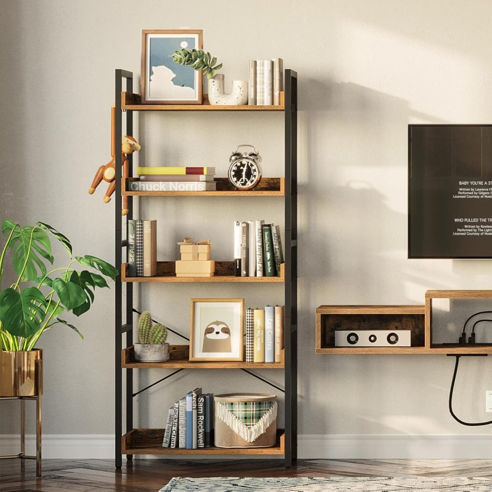 Rolanstar Bookshelf 5 Tier with 4 Hooks, Industrial Wood Bookcase, Vintage Storage Rack with Open Shelves, Rustic Standing Bookshelves Display Rack for Living Room, Bedroom, Rustic Brown - Image 6
